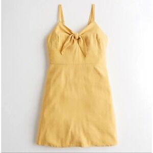 Hollister Mustard Yellow Tie Front Linen Blend Mini Dress Adjustable Straps | SM